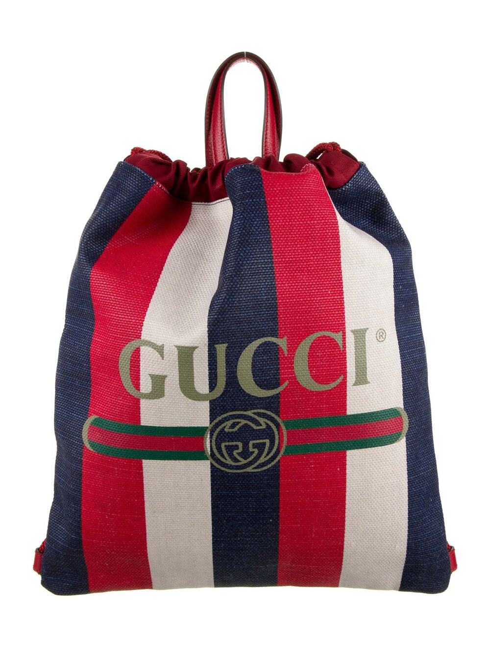Gucci Sylvie Drawstring Backpack Tote Bag Red Blue Logo Stripe Canvas Leather